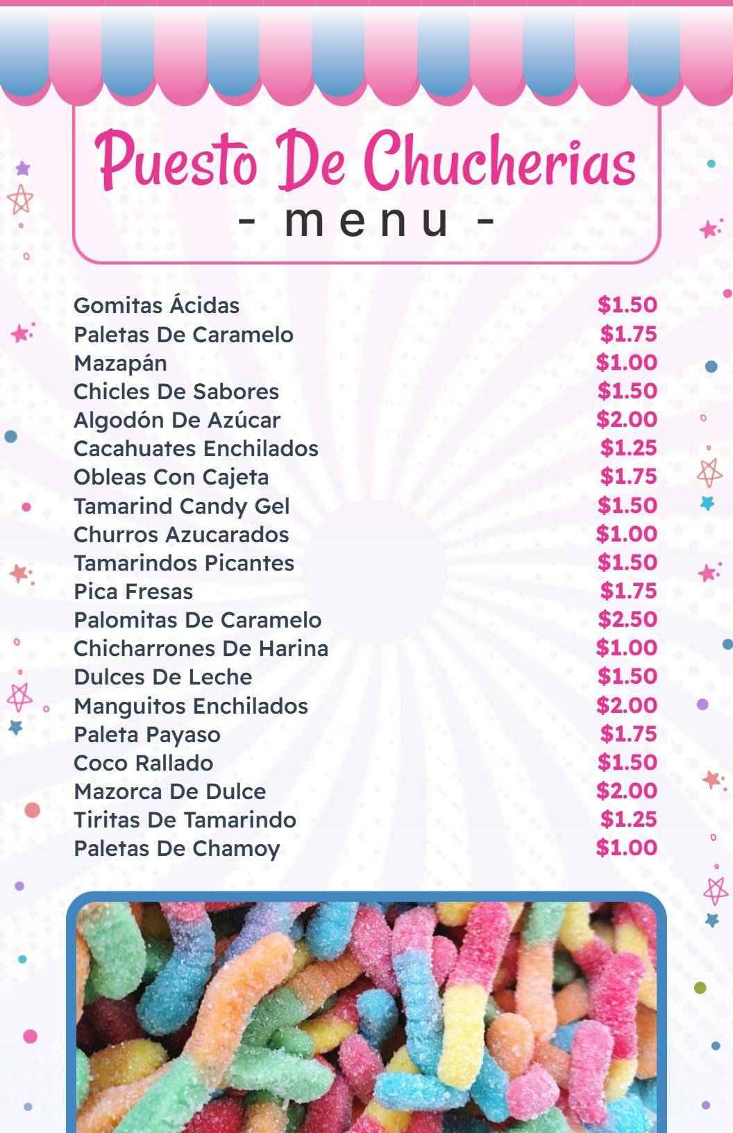 Sweet and Colorful Assortment of Treats and Snacks Candy Menu Template