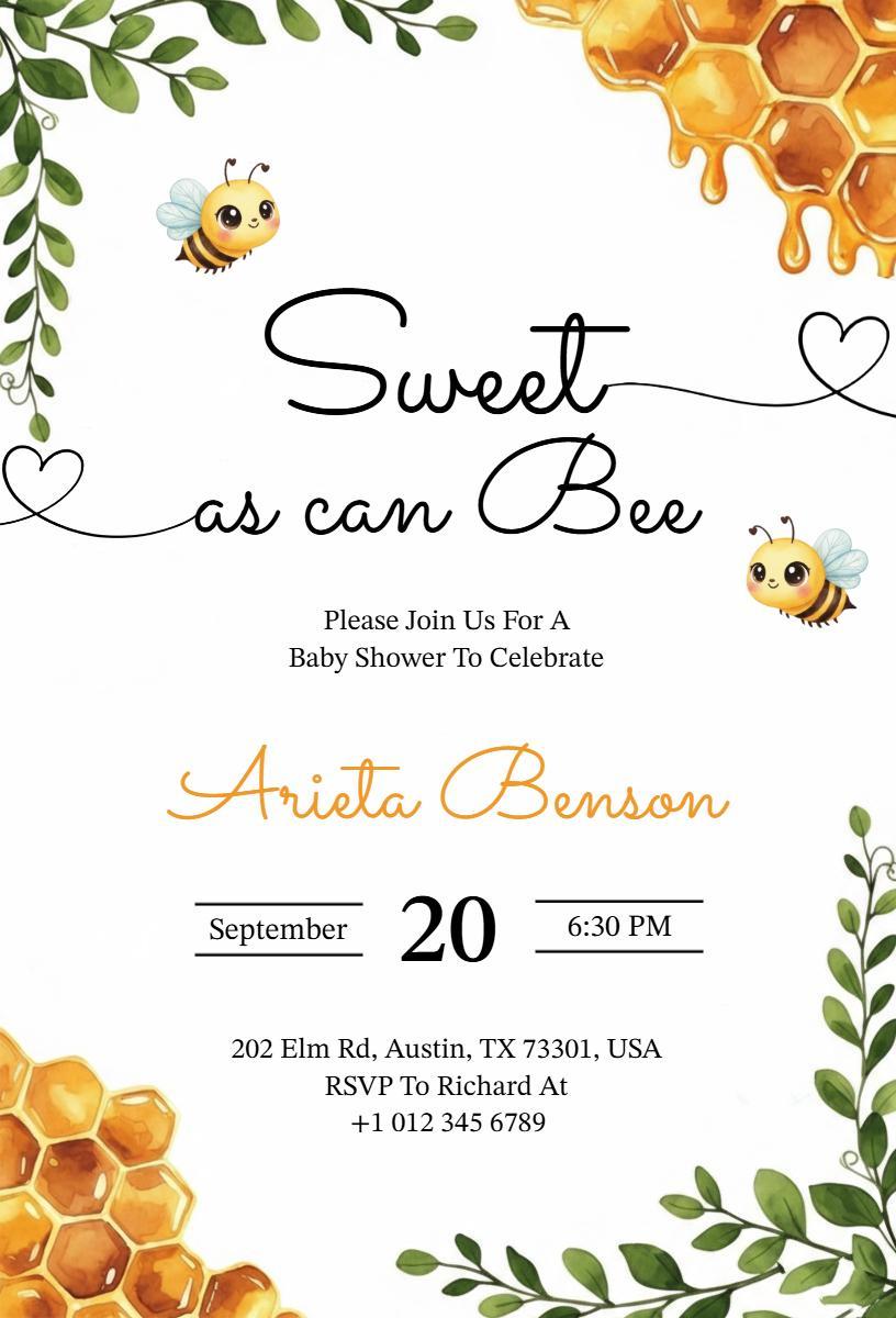 Sweet as a Bee Themed Baby Shower Celebration Invitation Template