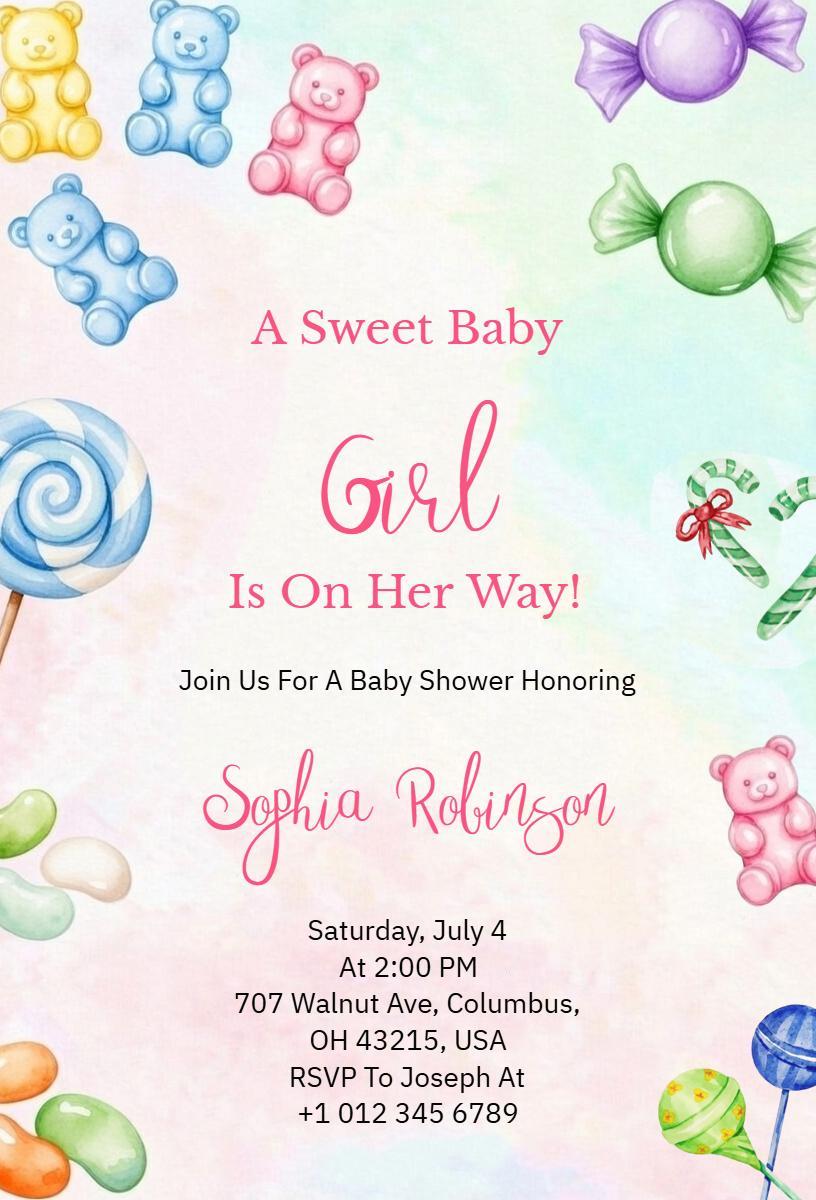 Sweet Baby Girl Colorful Candy Baby Shower Invitation Template