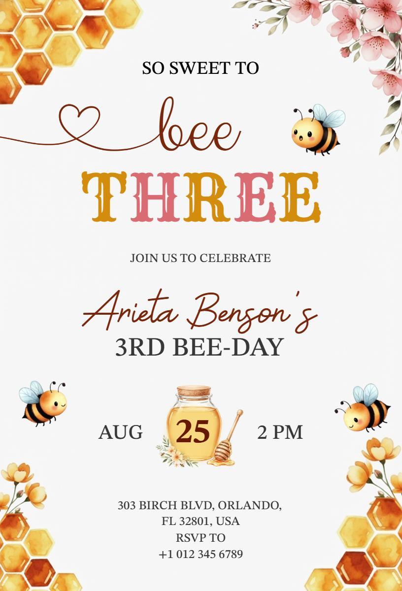 Sweet Bee Theme 3rd Birthday Celebration Invitation Template