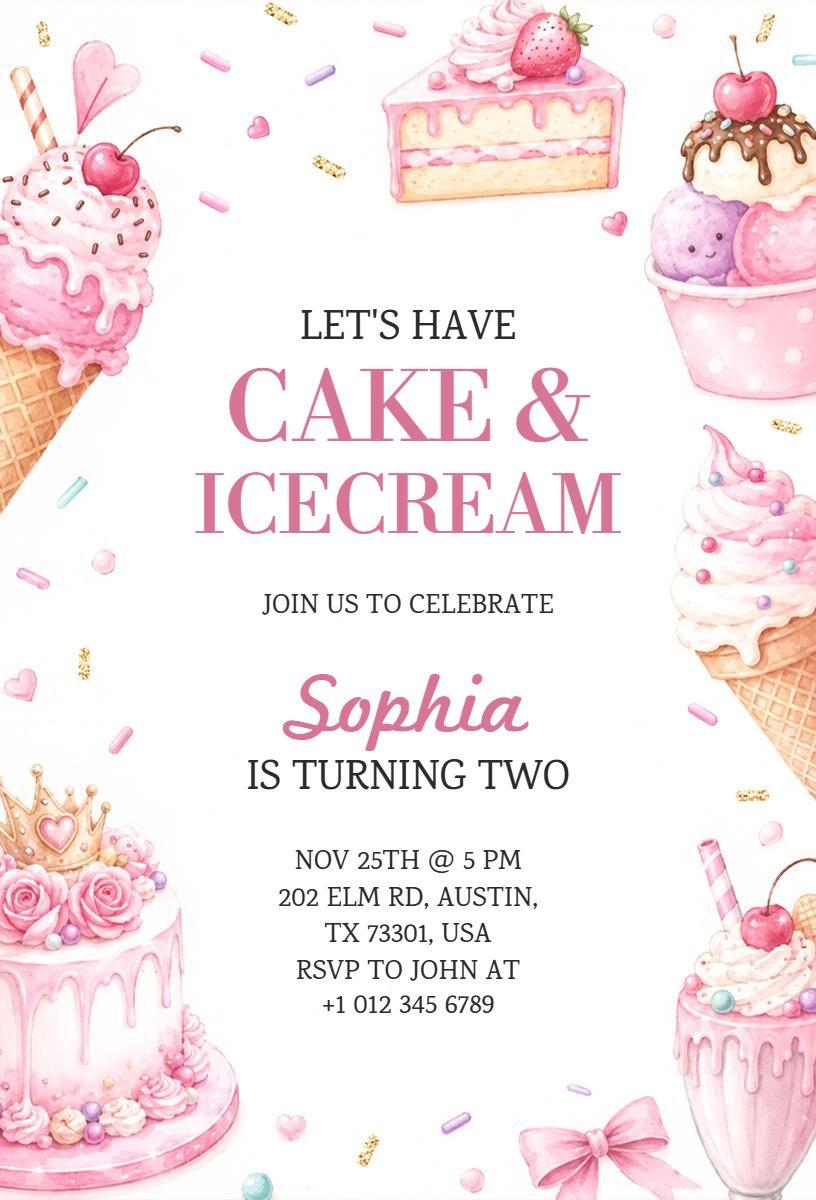 Sweet Cake Ice Cream 2nd Birthday Celebration Invitation Template
