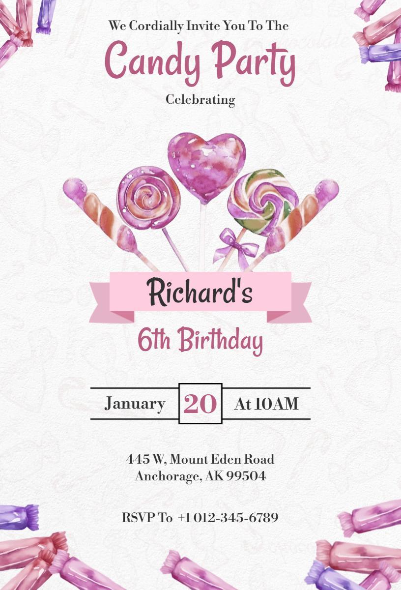 Sweet Candy Party Colorful Birthday Celebration Invitation Template