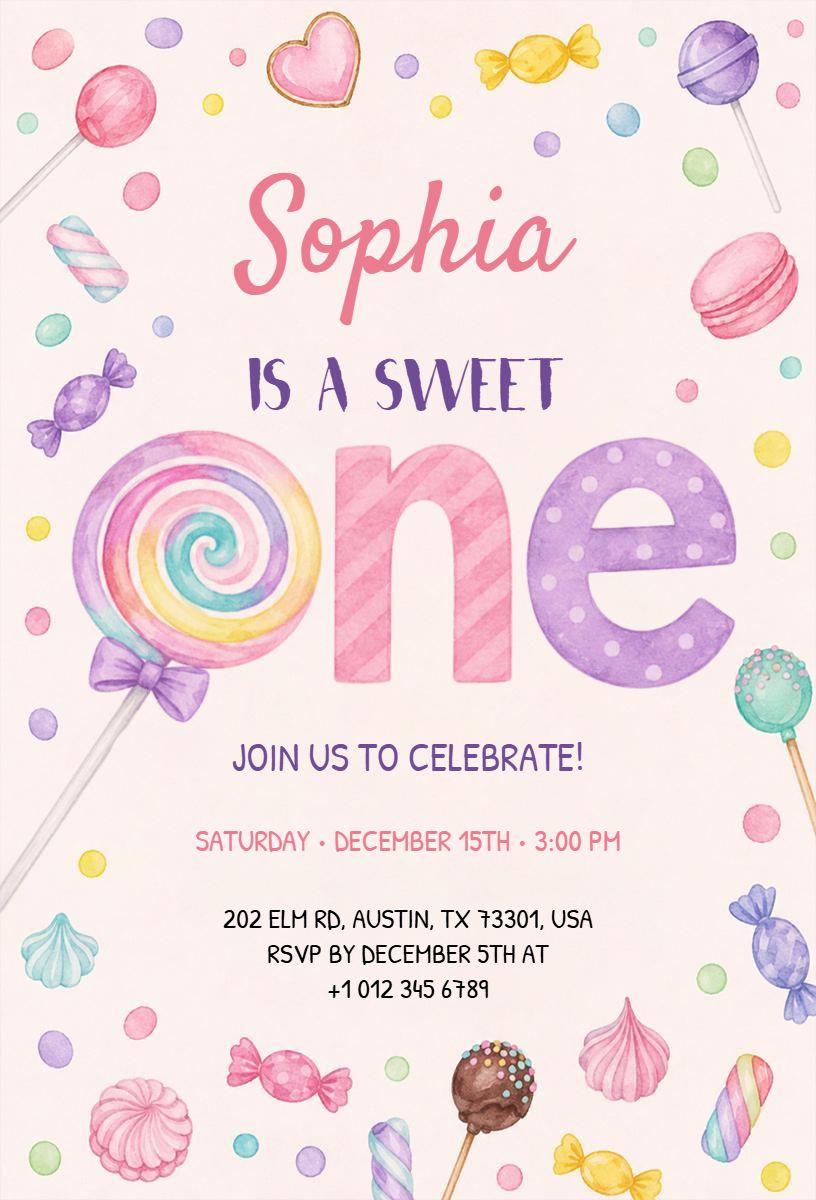 Sweet Candy Theme 1st Birthday Celebration Invitation Template