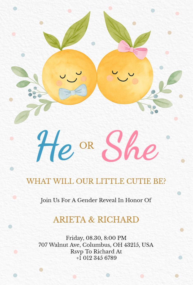 Sweet Citrus Gender Reveal Party Celebration Invitation Template