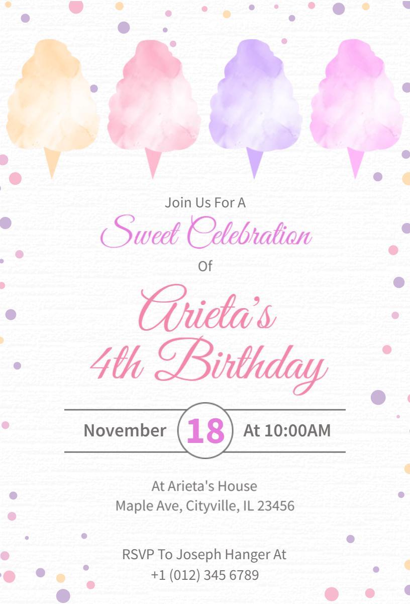 Sweet Cotton Candy 4th Birthday Celebration Invitation Template