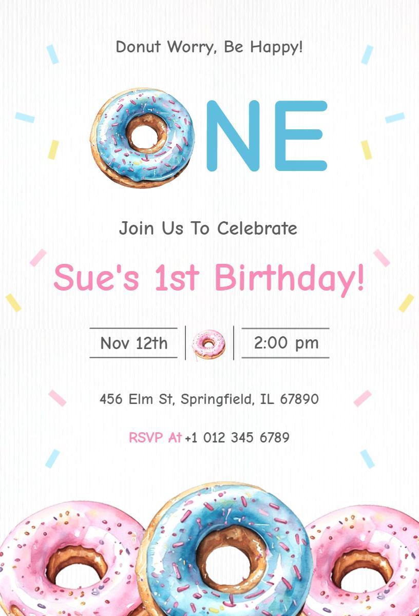 Sweet Donut Theme Fun 1st Birthday Celebration Invitation Template