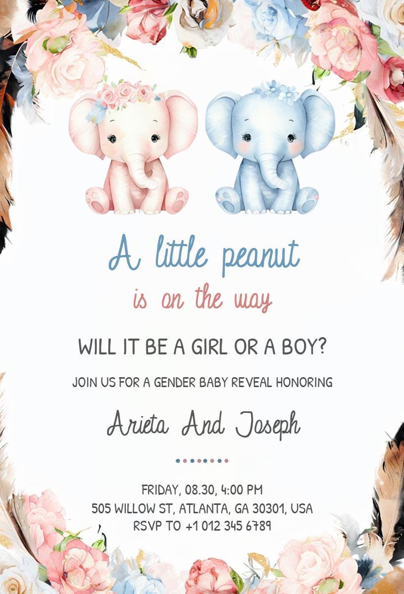 Sweet Elephant Baby Gender Reveal Celebration Invitation Template