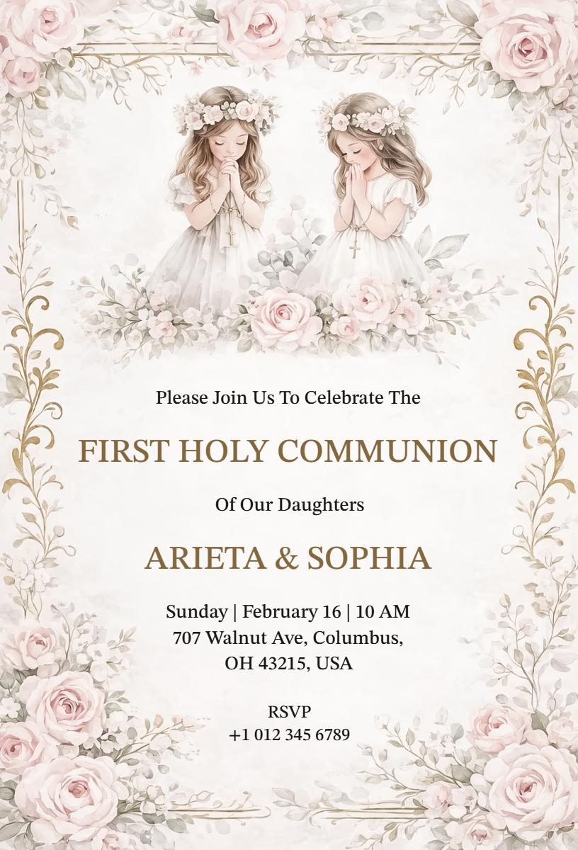 Sweet Floral First Holy Communion Celebration Invitation Template