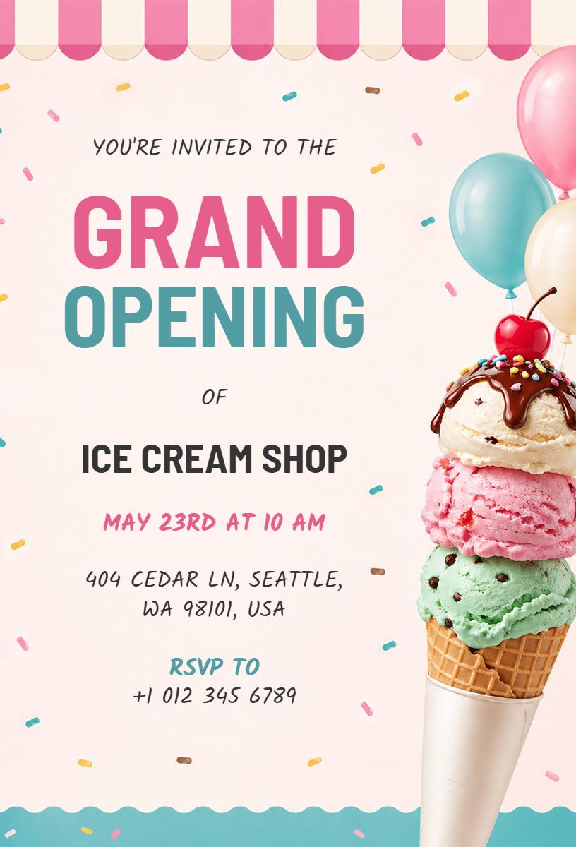 Sweet Ice Cream Shop Grand Opening Celebration Invitation Template
