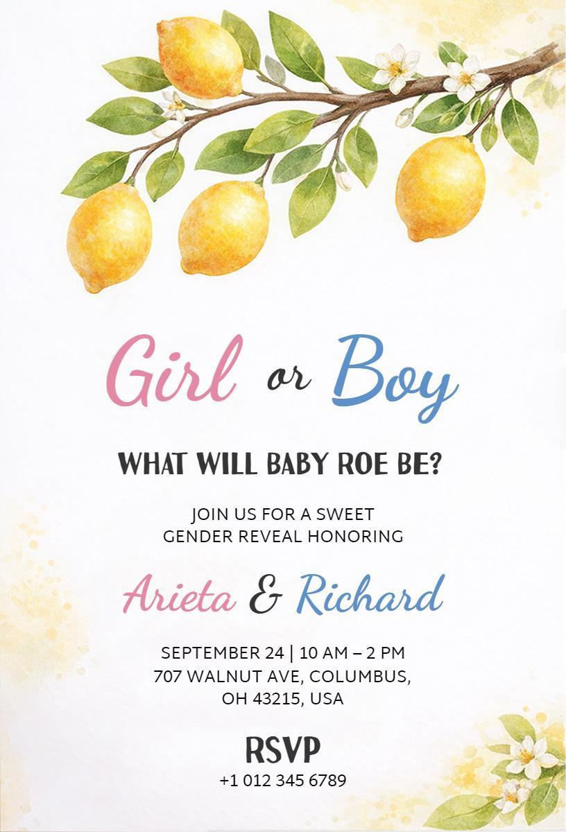 Sweet Lemon Blossom Gender Reveal Celebration Invitation Template