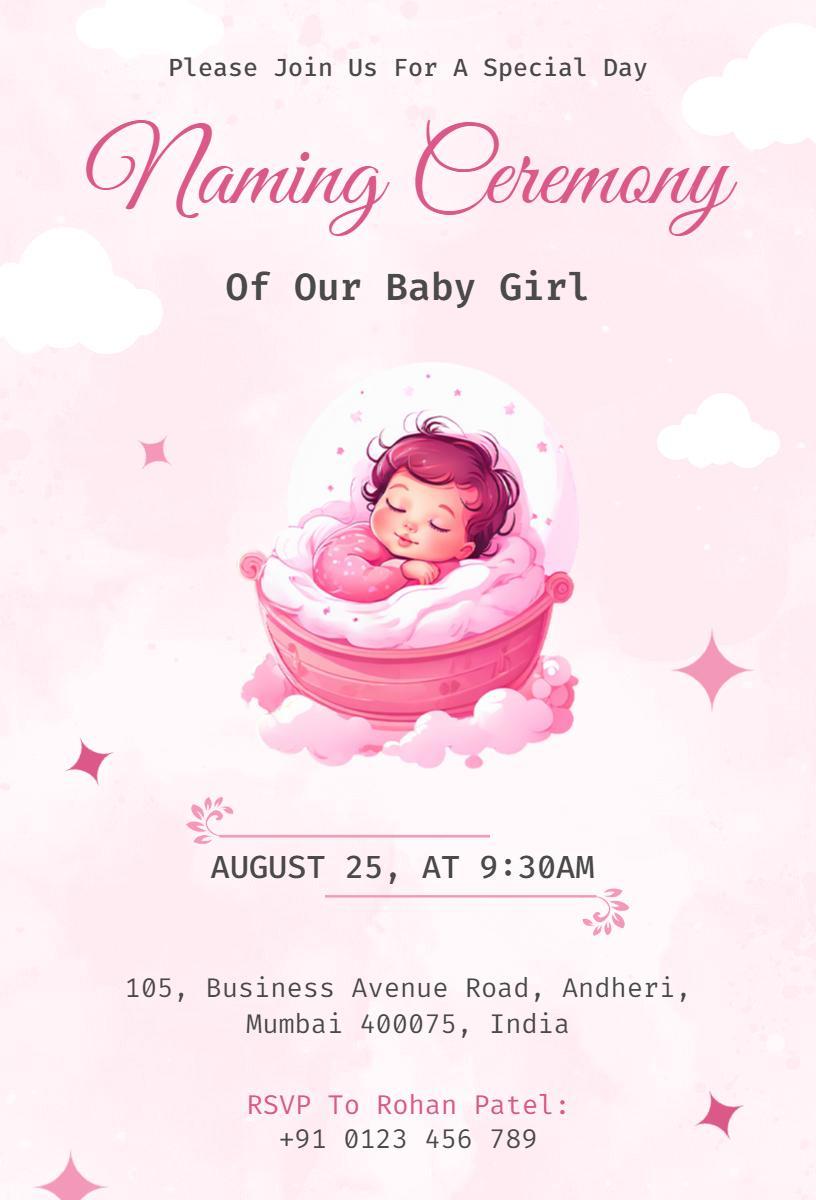 Sweet Pink Baby Girl Naming Ceremony Invitation Template