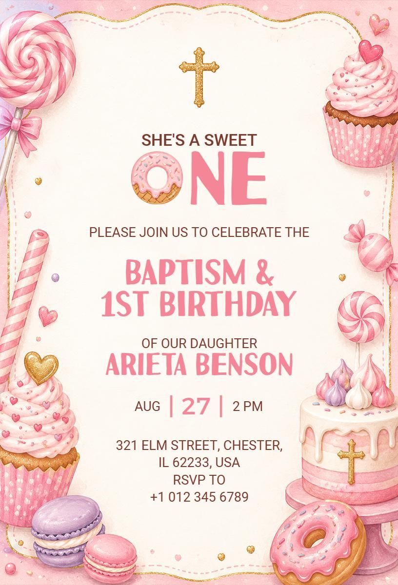 Sweet Pink Baptism and First Birthday Celebration Invitation Template