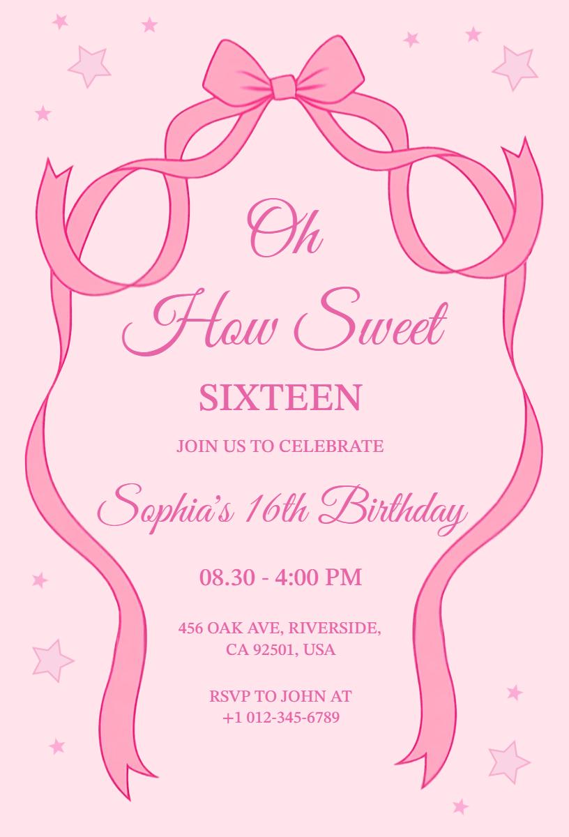 Sweet Pink Bow Sixteenth Birthday Celebration Invitation Template