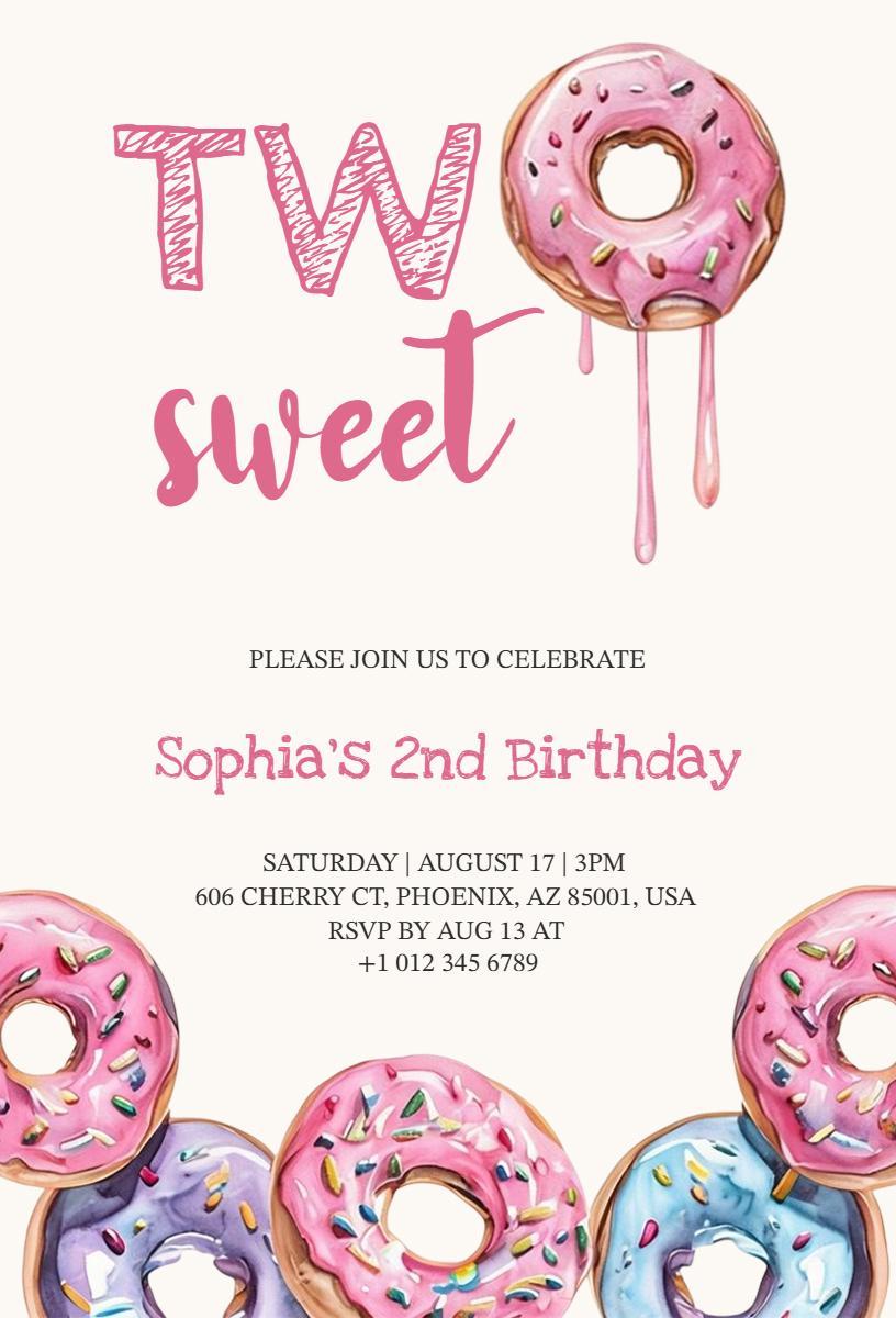 Sweet Pink Donut Themed 2nd Birthday Invitation Template
