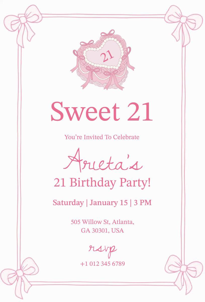 Sweet Pink Glamorous 21st Birthday Celebration Invitation Template