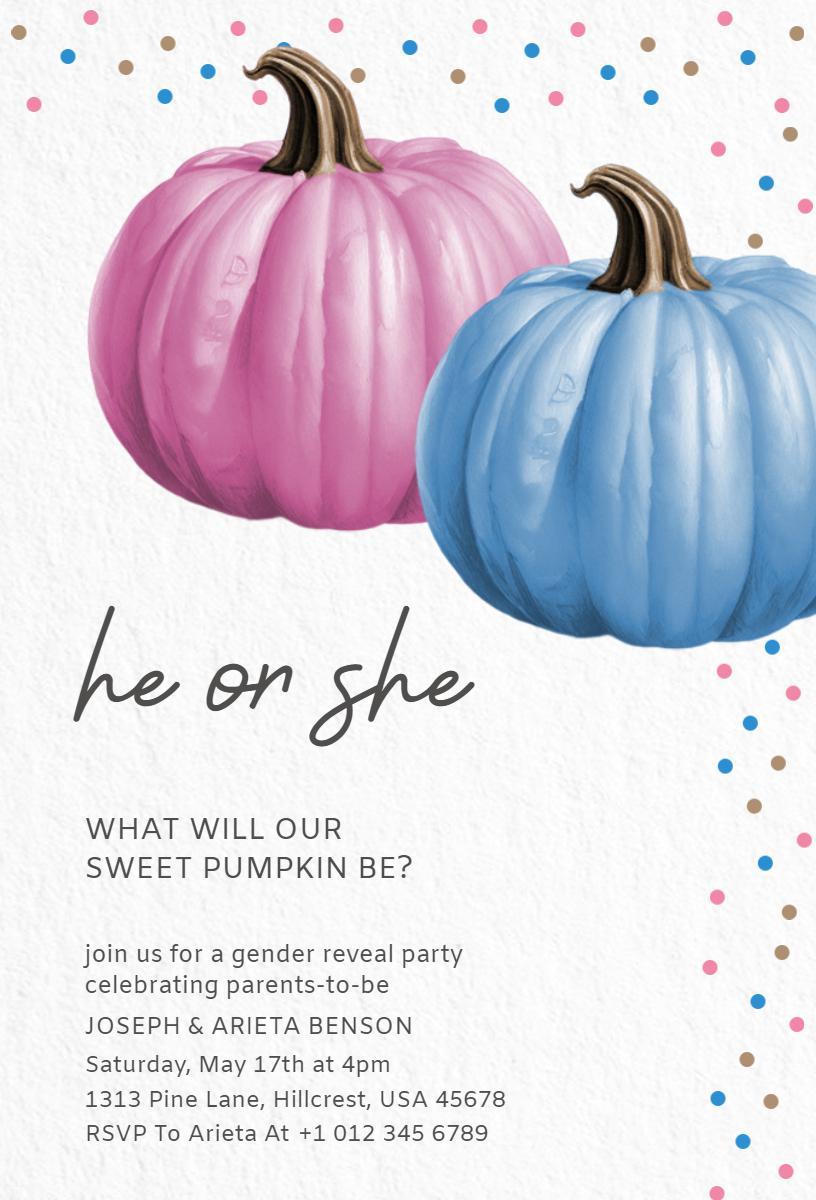 Sweet Pumpkin Theme Gender Reveal Celebration Invitation Template