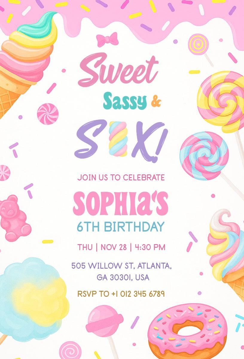 Sweet Sassy Colorful Candy Theme Birthday Invitation Template