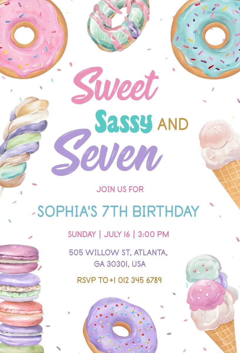 Sweet Sassy Seven Colorful Birthday Celebration Invitation Template