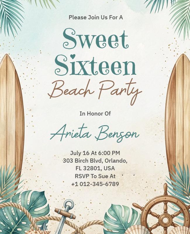 Sweet Sixteen Beach Party Invitation Flyer Template
