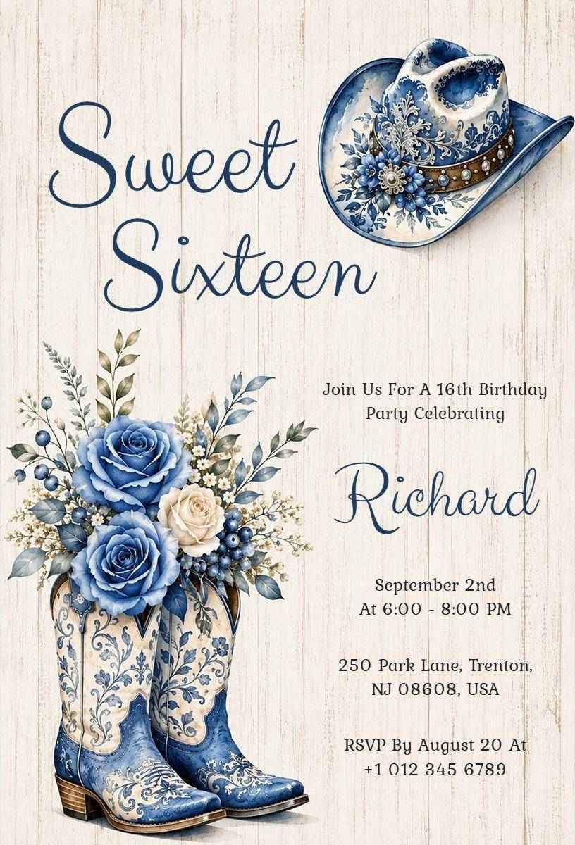 Sweet Sixteen Cowboy Themed Birthday Celebration Invitation Template