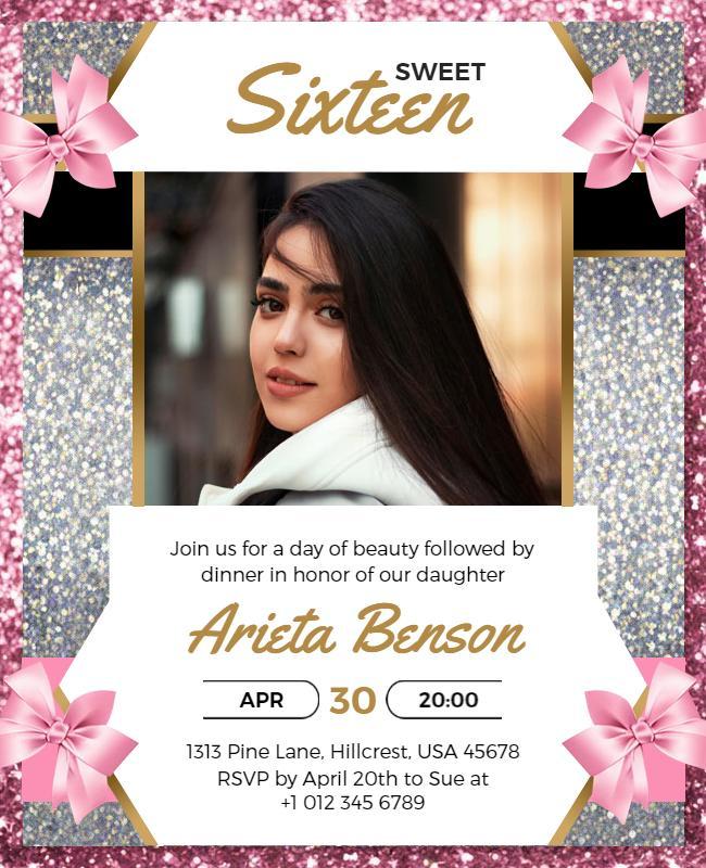 Sweet Sixteen Pink Glitter Invitation Flyer Template