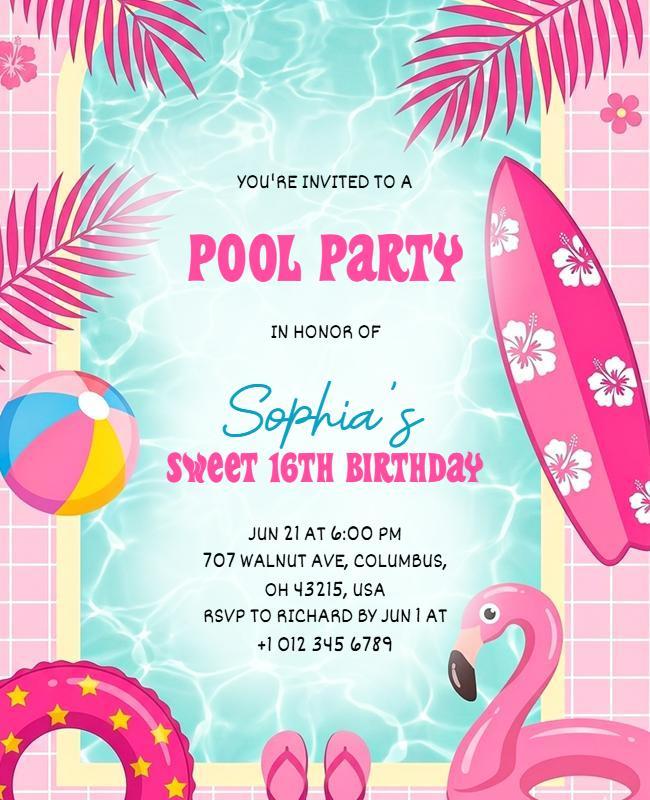 Sweet Sixteen Pool Party Invitation Flyer Template