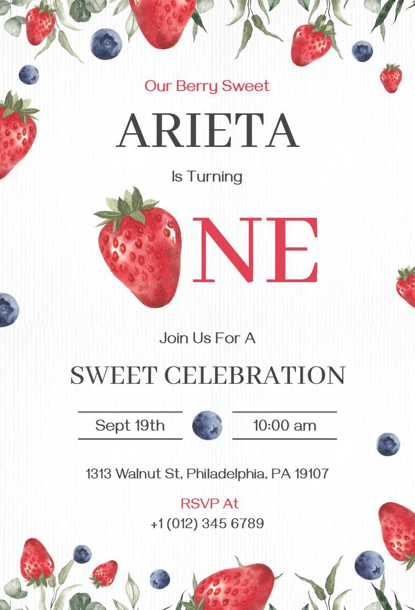 Sweet Strawberry Themed First Birthday Celebration Invitation Template