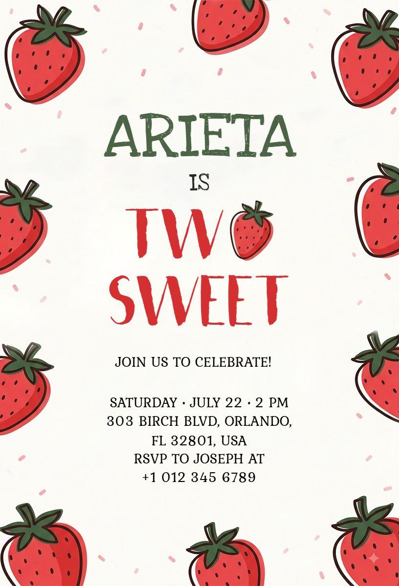 Sweet Strawberry Two Year Birthday Celebration Invitation Template