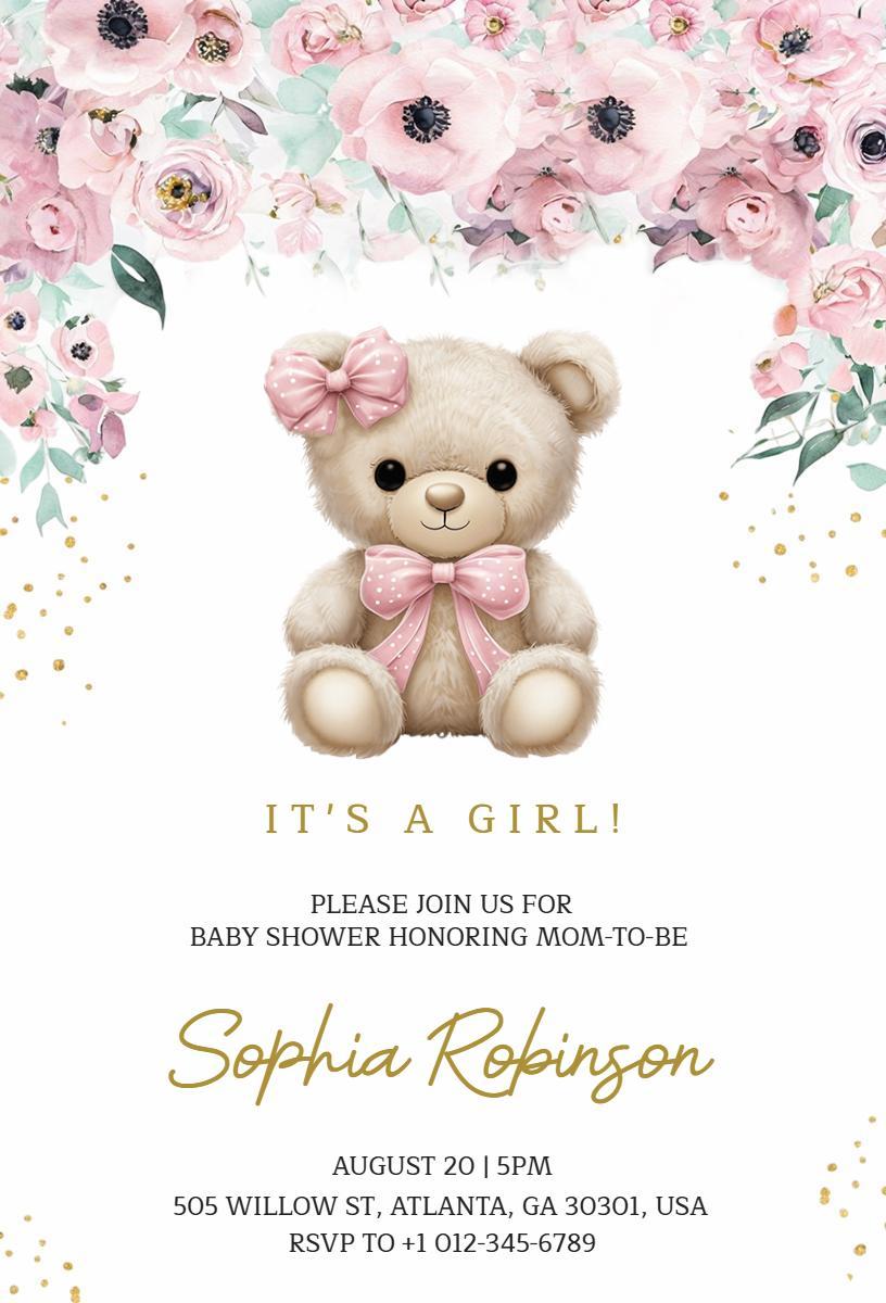 Sweet Teddy Bear Floral Baby Shower Celebration Invitation Template
