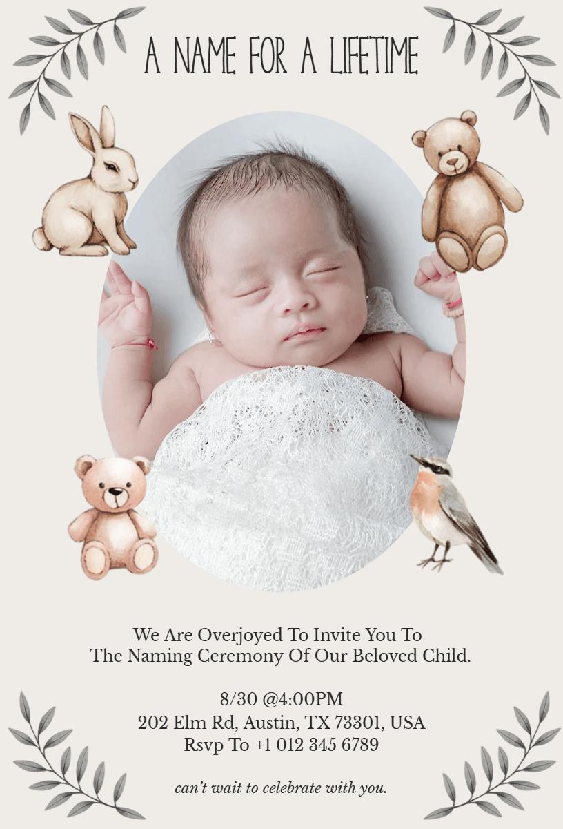 Sweet Woodland Themed Baby Naming Ceremony Invitation Template