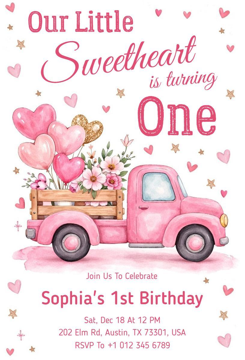 Sweetheart Pink Floral 1st Birthday Celebration Invitation Template