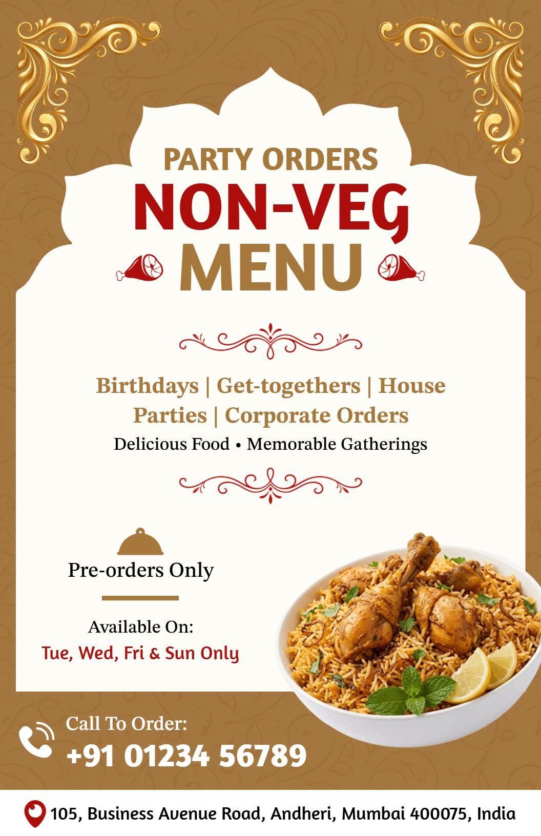 Tasteful Gold Accents Non-Veg Party Orders Menu Template