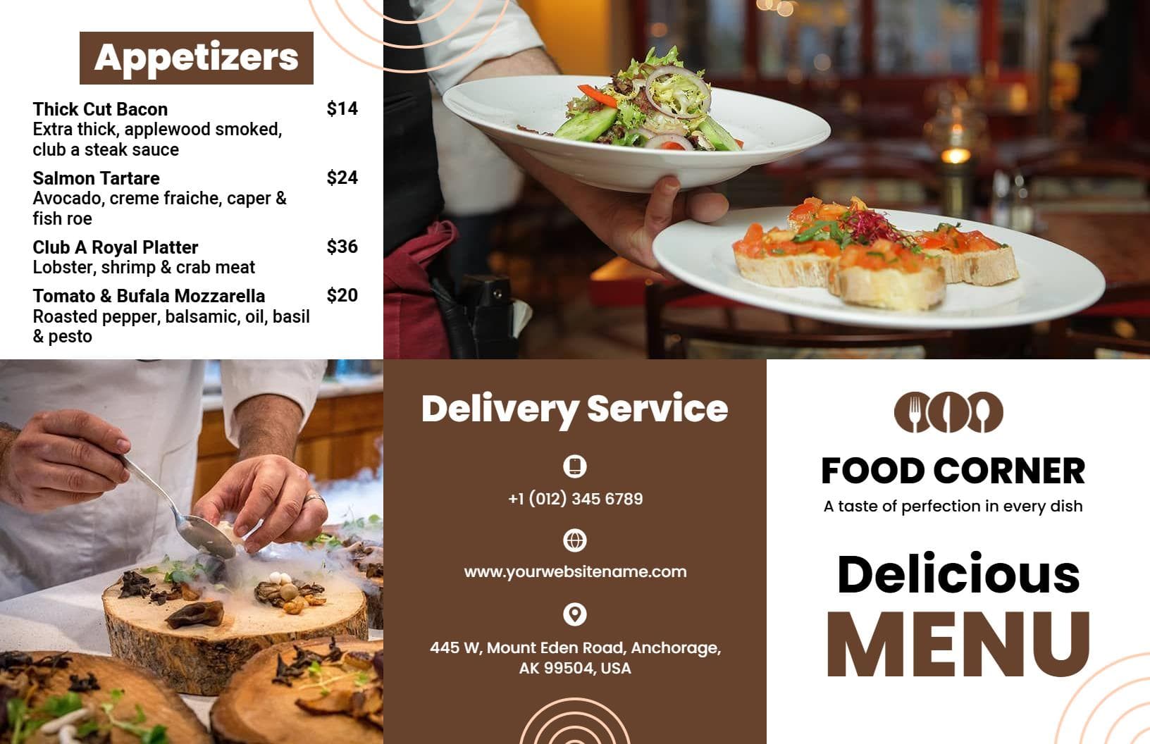 Tasty Appetizers and Decadent Desserts Tri Fold Menu Template