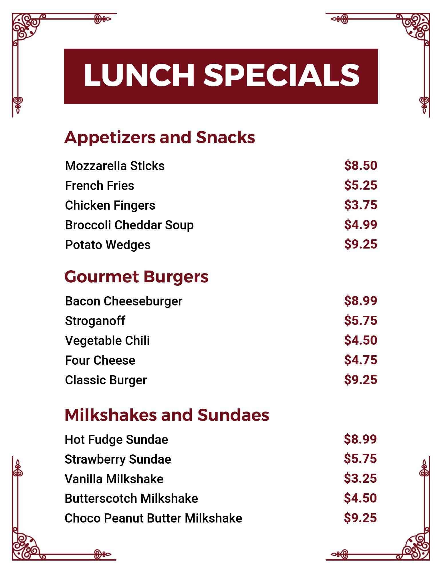 Tasty Appetizers and Gourmet Burgers for Your Lunch Menu Template