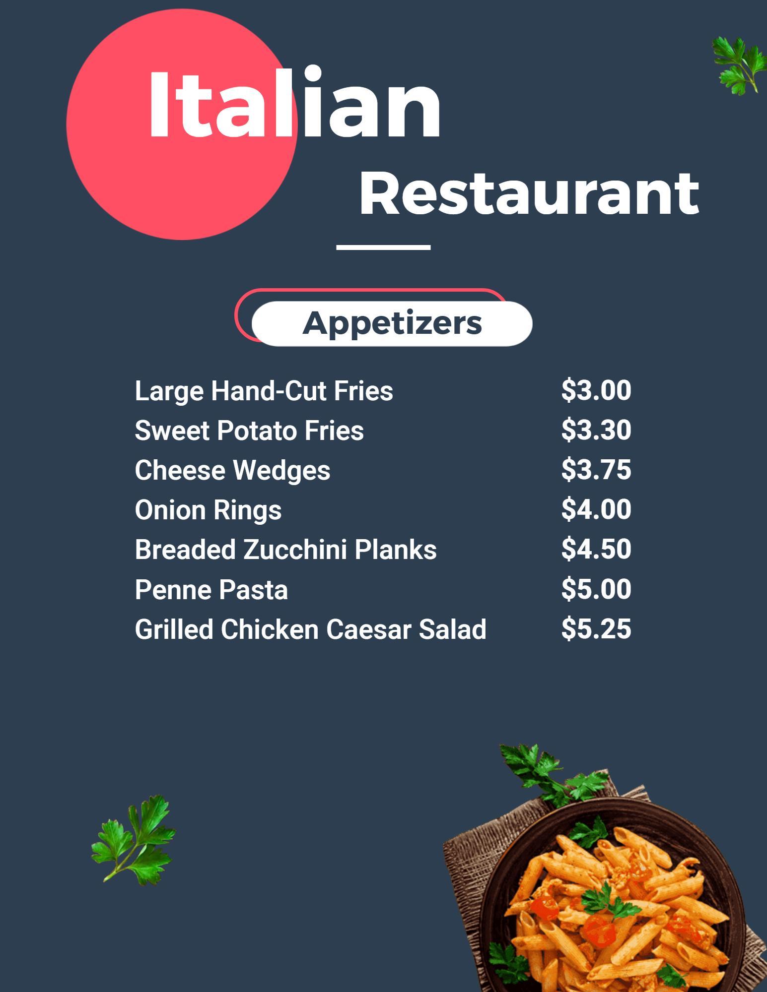 Tasty Appetizers and Gourmet Pizzas Selection Italian Menu Template