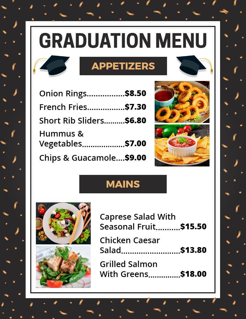 Tasty Appetizers and Main Courses for Graduation Event Menu Template