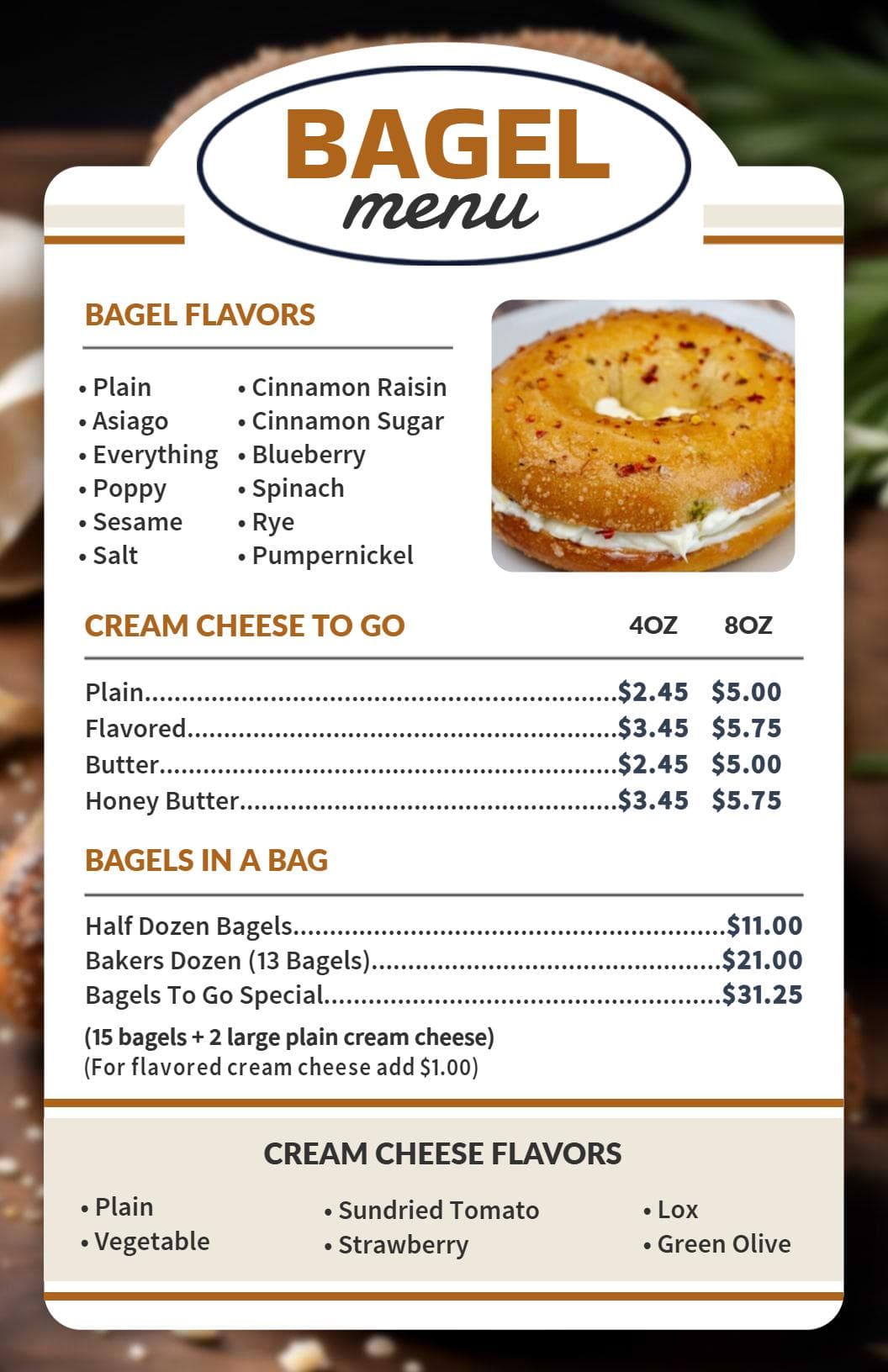 Tasty Bagel Varieties with Cream Cheese Options Bakery Menu Template