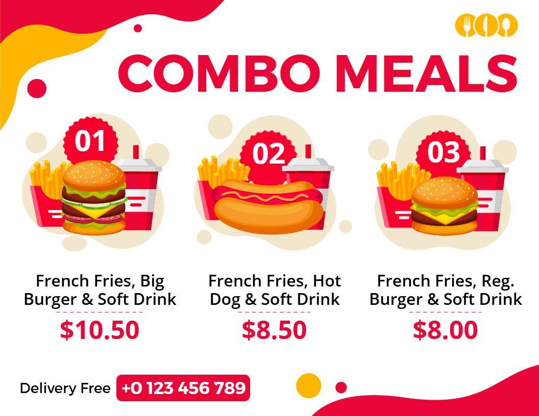 Tasty Big Burger and Hot Dog with Drink Deals Combo Menu Template