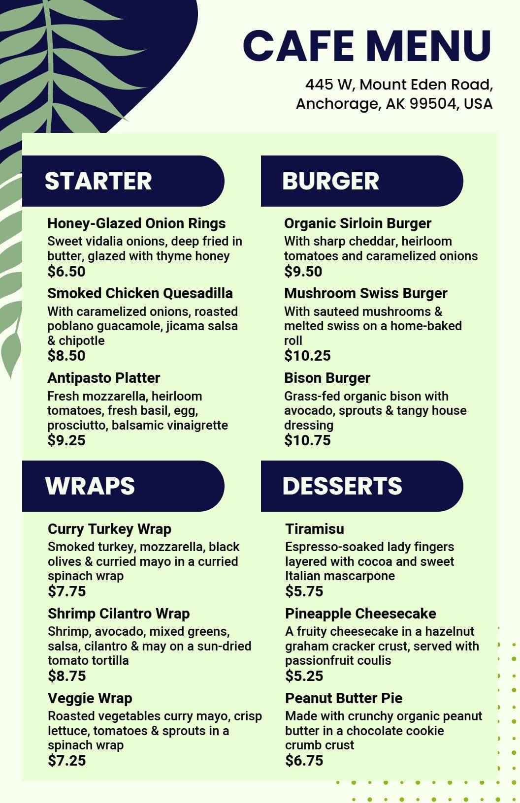 Tasty Burgers and Wrap Delights with Sweet Desserts Cafe Menu Template