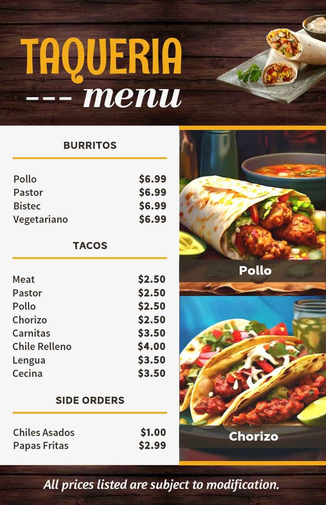 Tasty Burrito and Taco Options with Various Sides Taqueria Menu Template