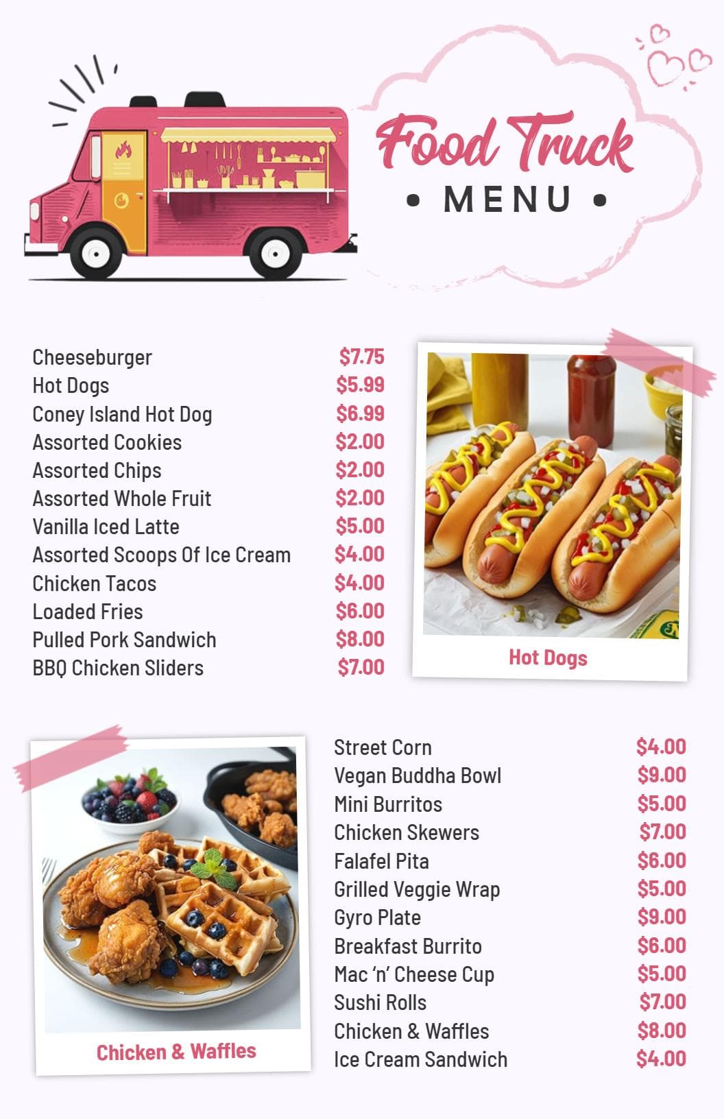 Tasty Gourmet Food Selections and Classics Food Truck Menu Template