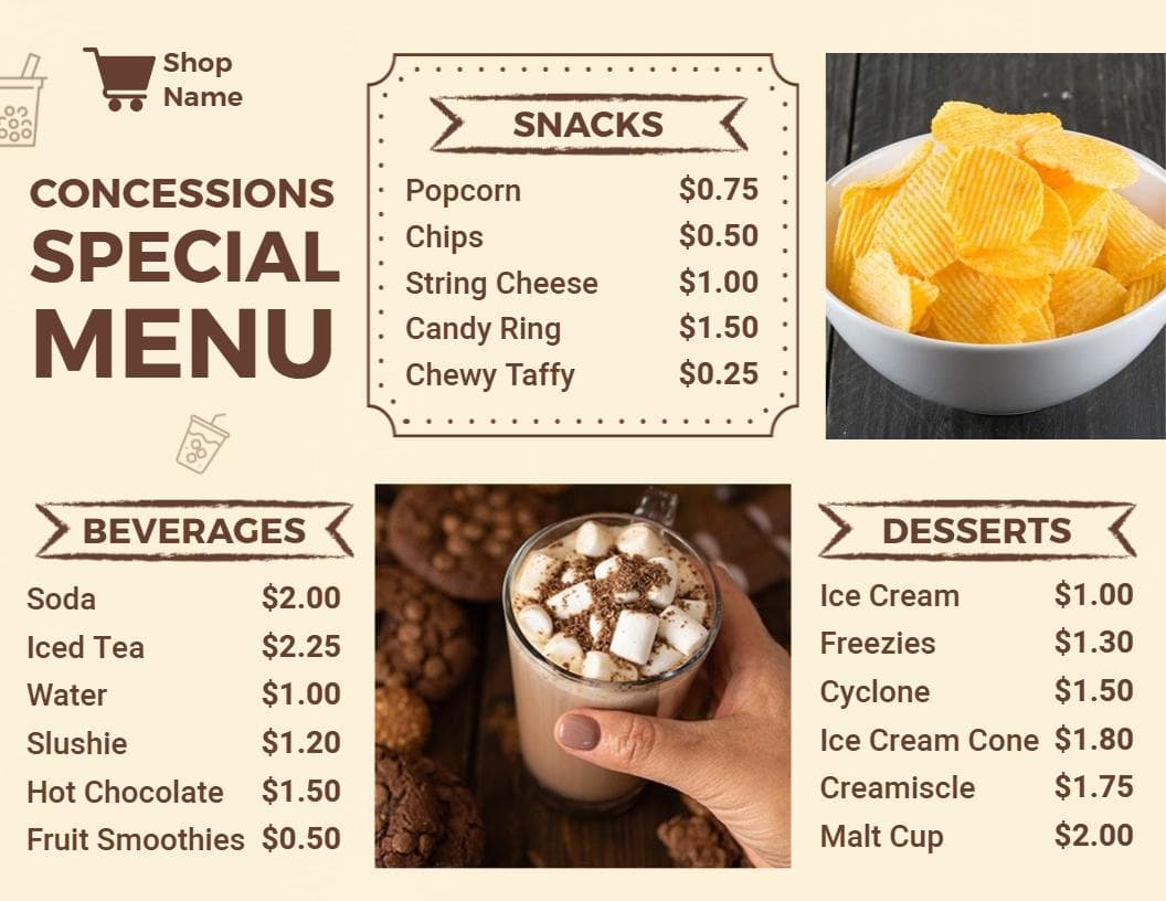 Tasty Popcorn, Chips, and Sweet Treats Concession Menu Template