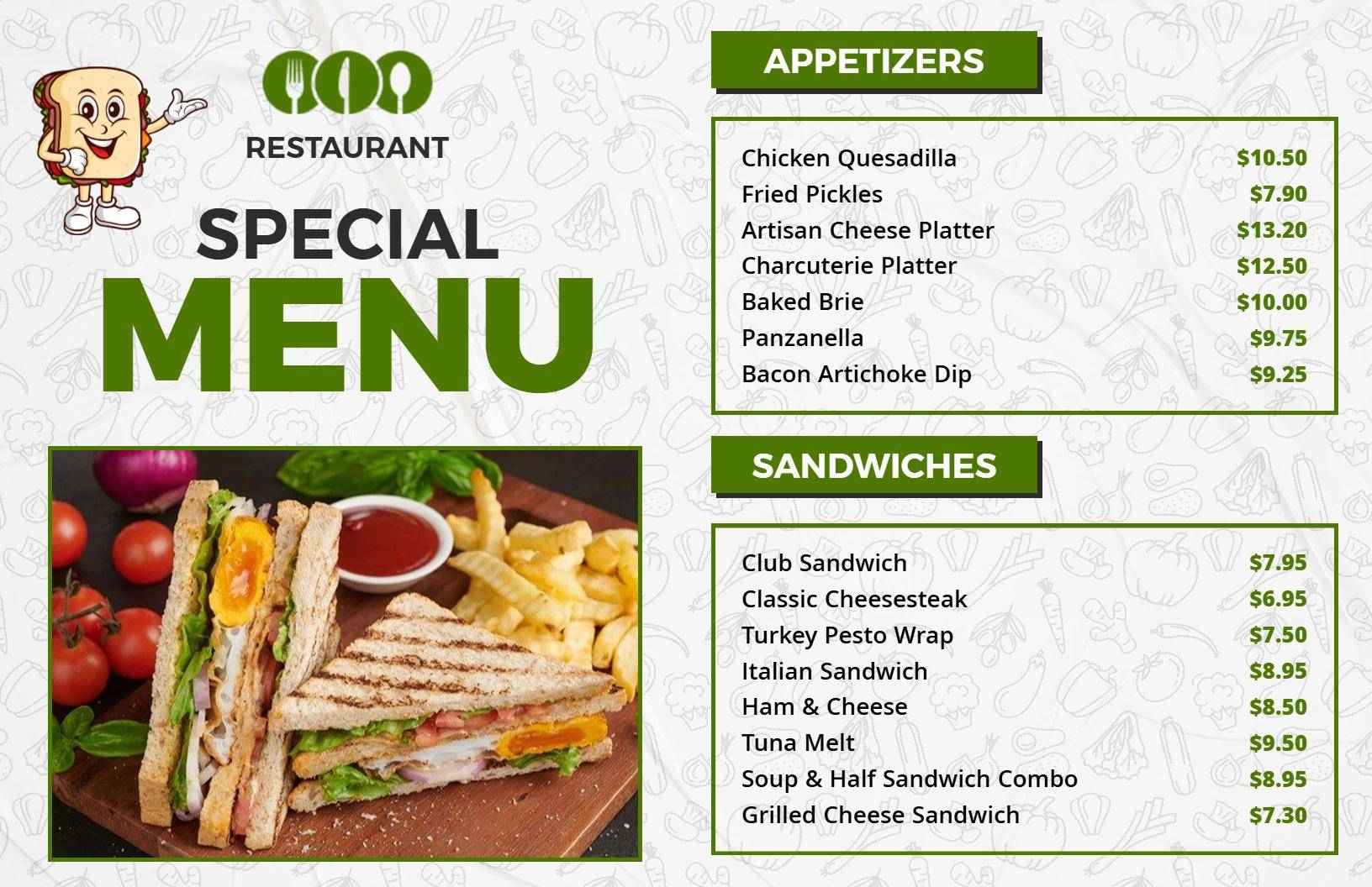Tasty Sandwiches and Appetizers Selection Special Menu Template