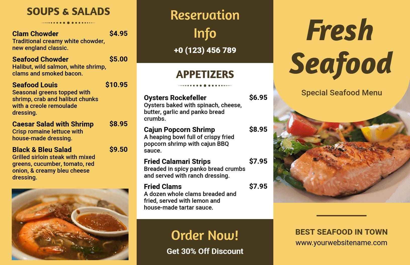 Tasty Seafood Dishes with Appetizers and Desserts Tri Fold Menu Template