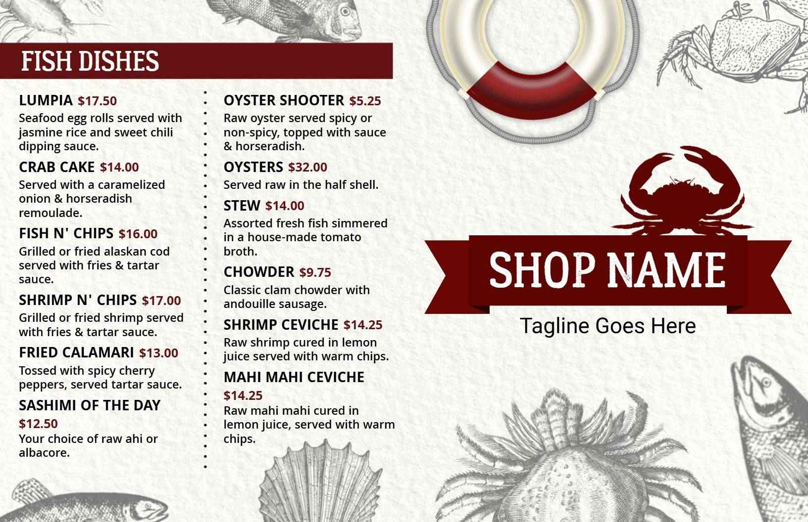 Tasty Shrimp, Tacos, and Fresh Fish Dishes Seafood Menu Template