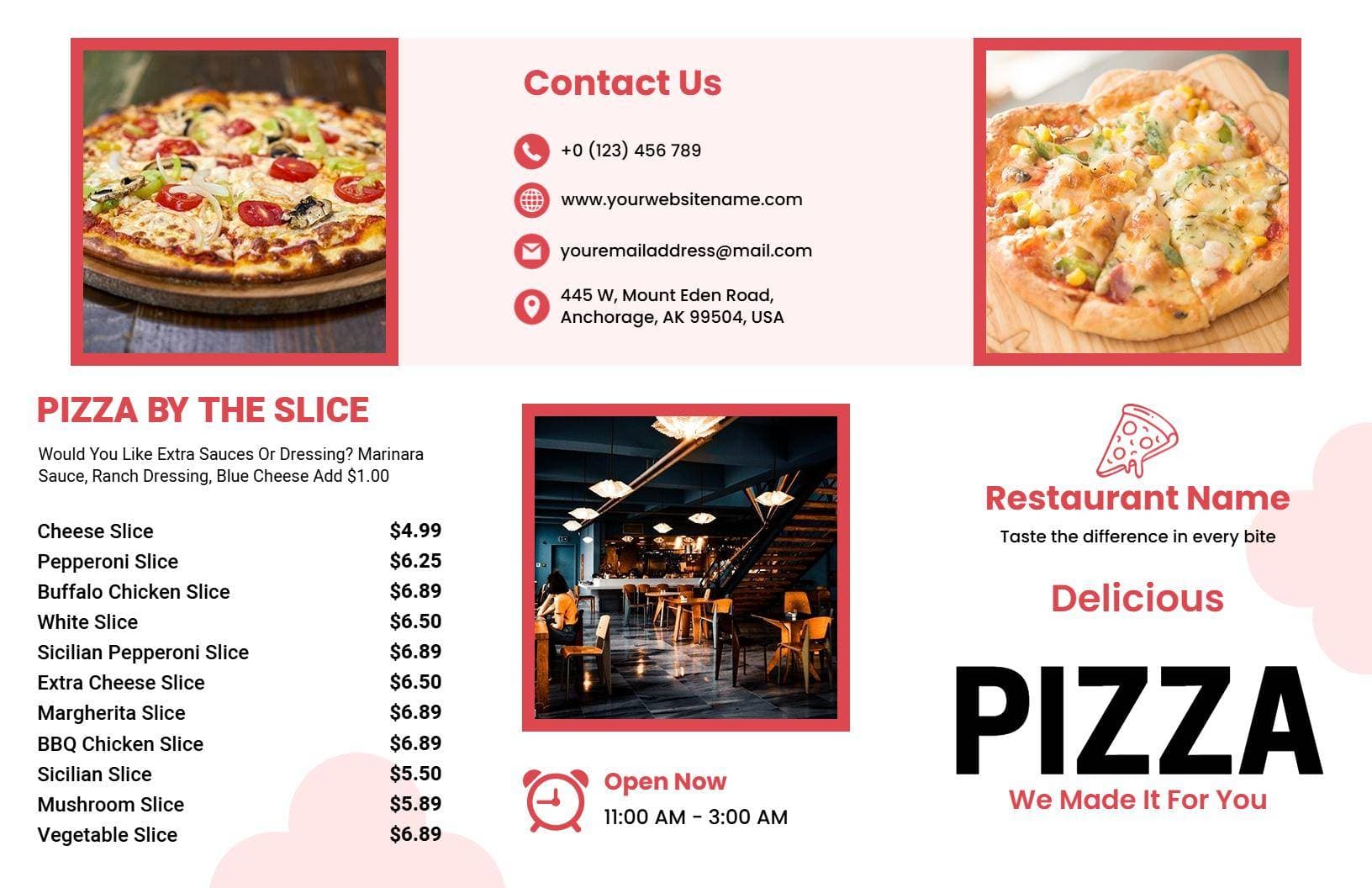 Tasty Slice Selections and Cheesy Specials Tri Fold Menu Template