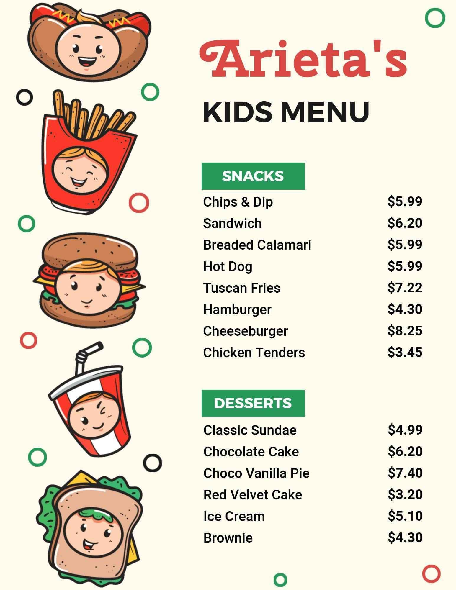 Tasty Snacks and Fun Desserts for Little Foodies Kids Menu Template