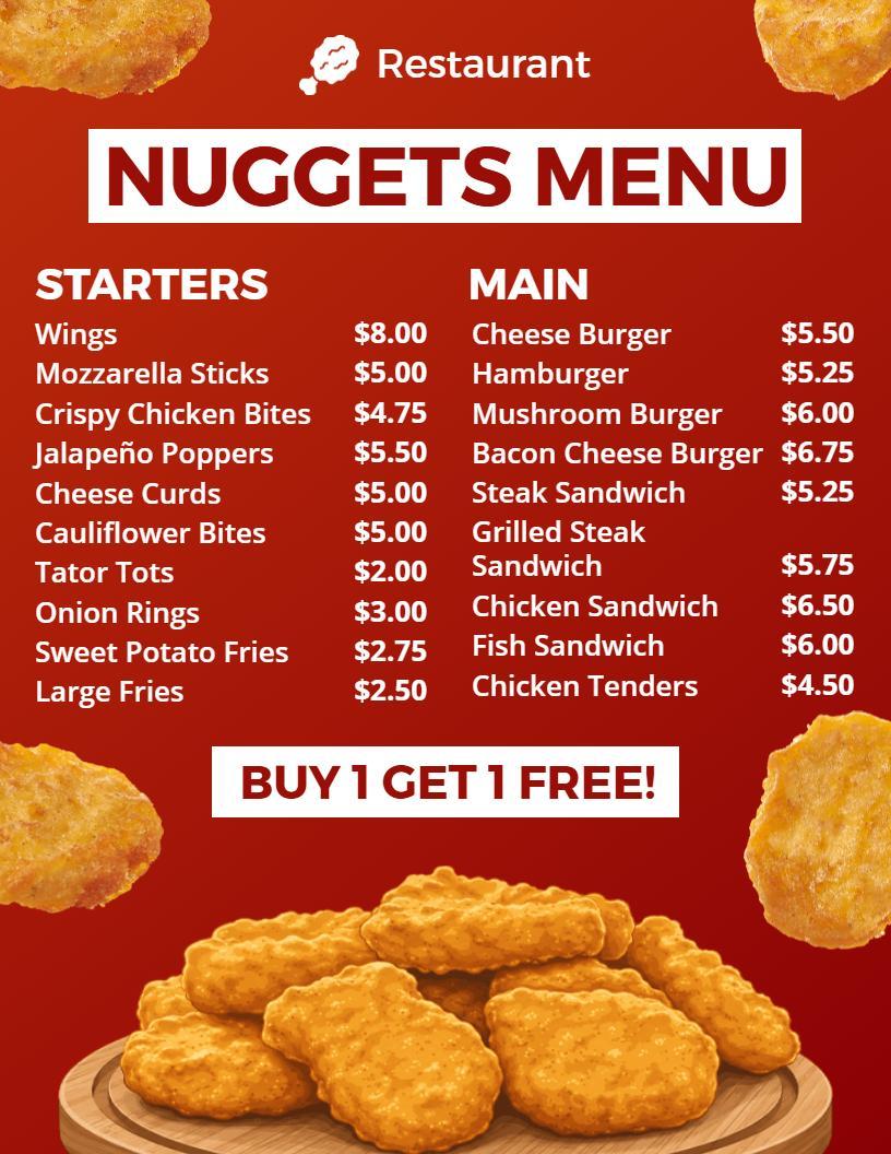 Tasty Starters and Main Options Featuring Nuggets Food Menu Template