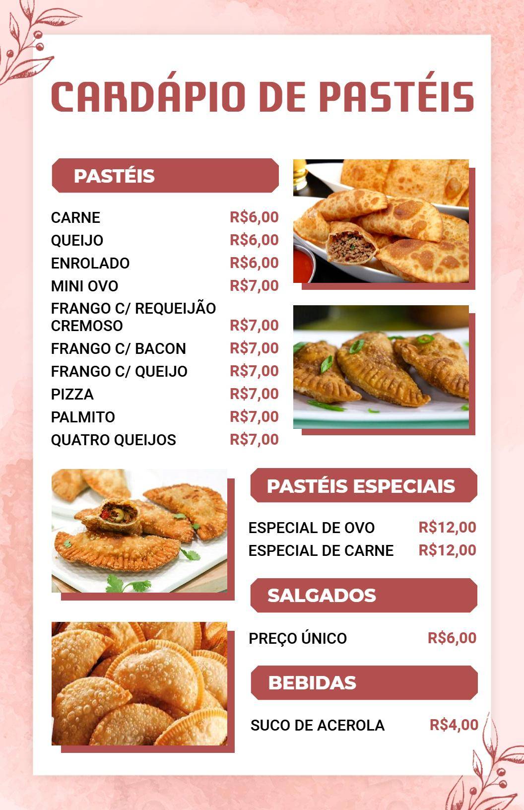 Tasty Traditional Brazilian Pastry Selections and Specials Snacks Menu Template