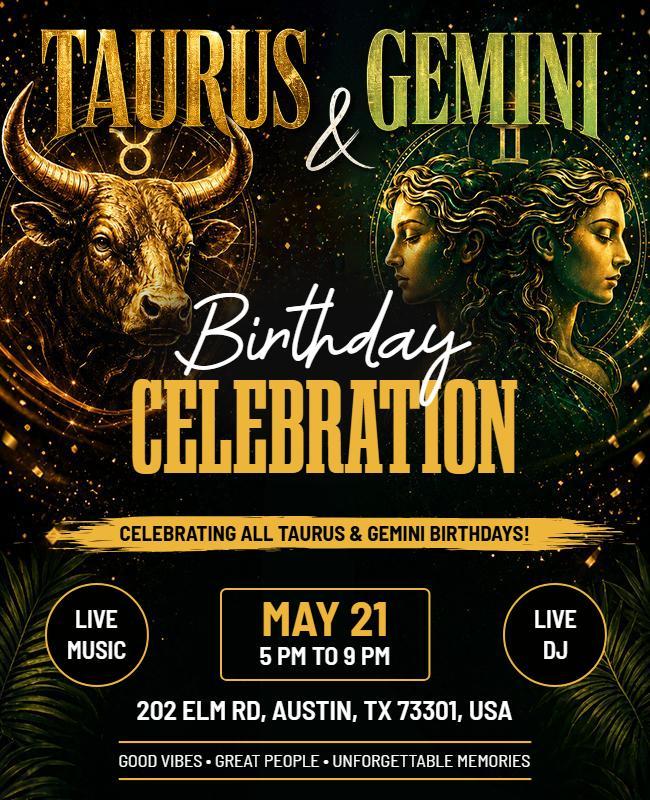 Taurus and Gemini Zodiac Birthday Celebration Flyer Template